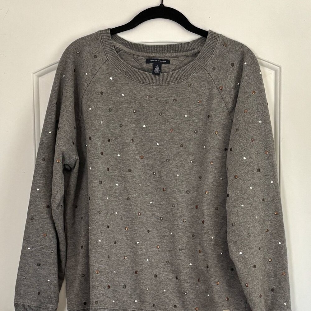 Tommy Hilfiger Women's Long Sleeve Gray Studded Sweatshirt, Size XL